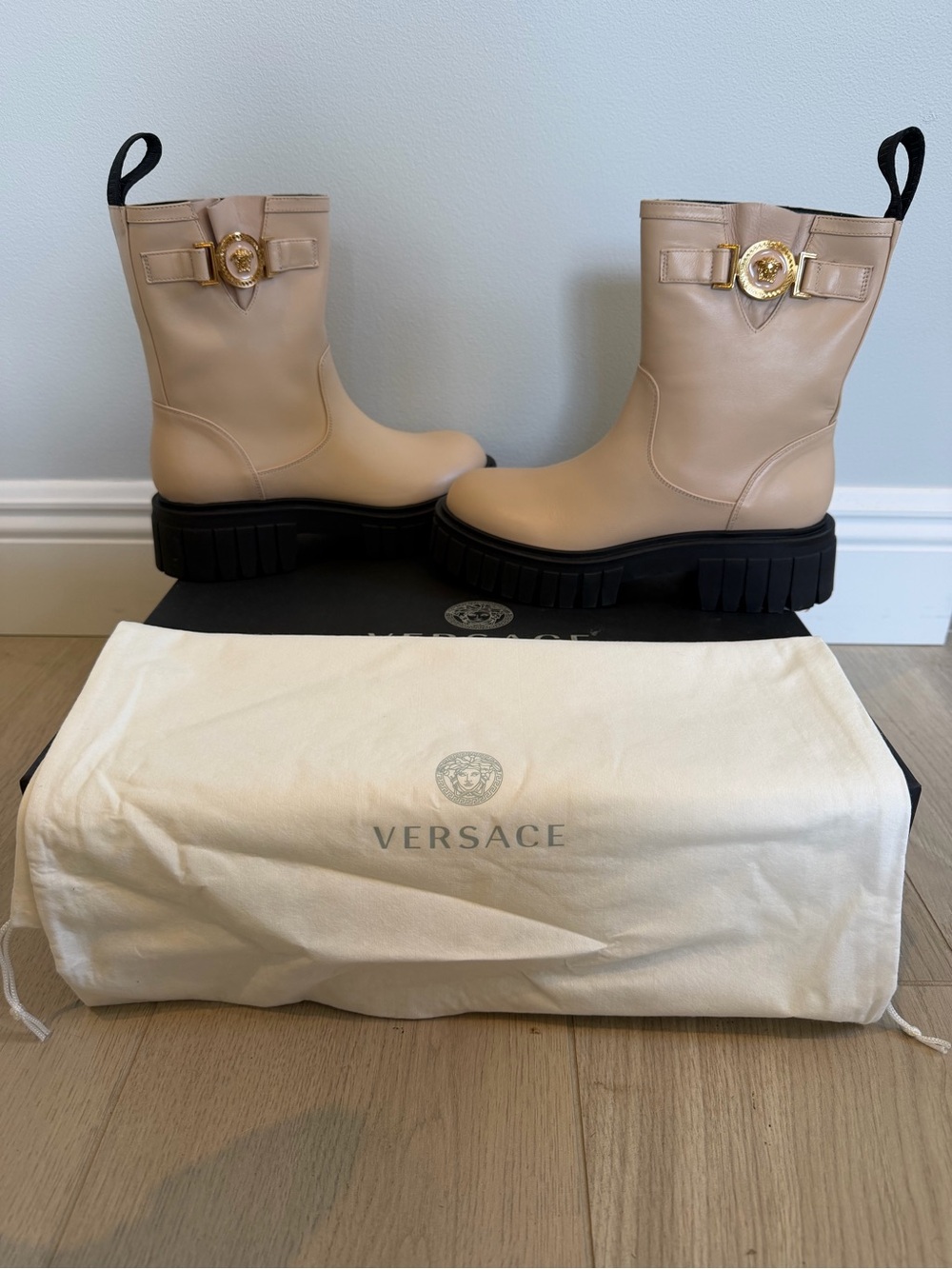 Versace Beige Leather Mid-Calf Lug Sole Boots with Gold Medallion